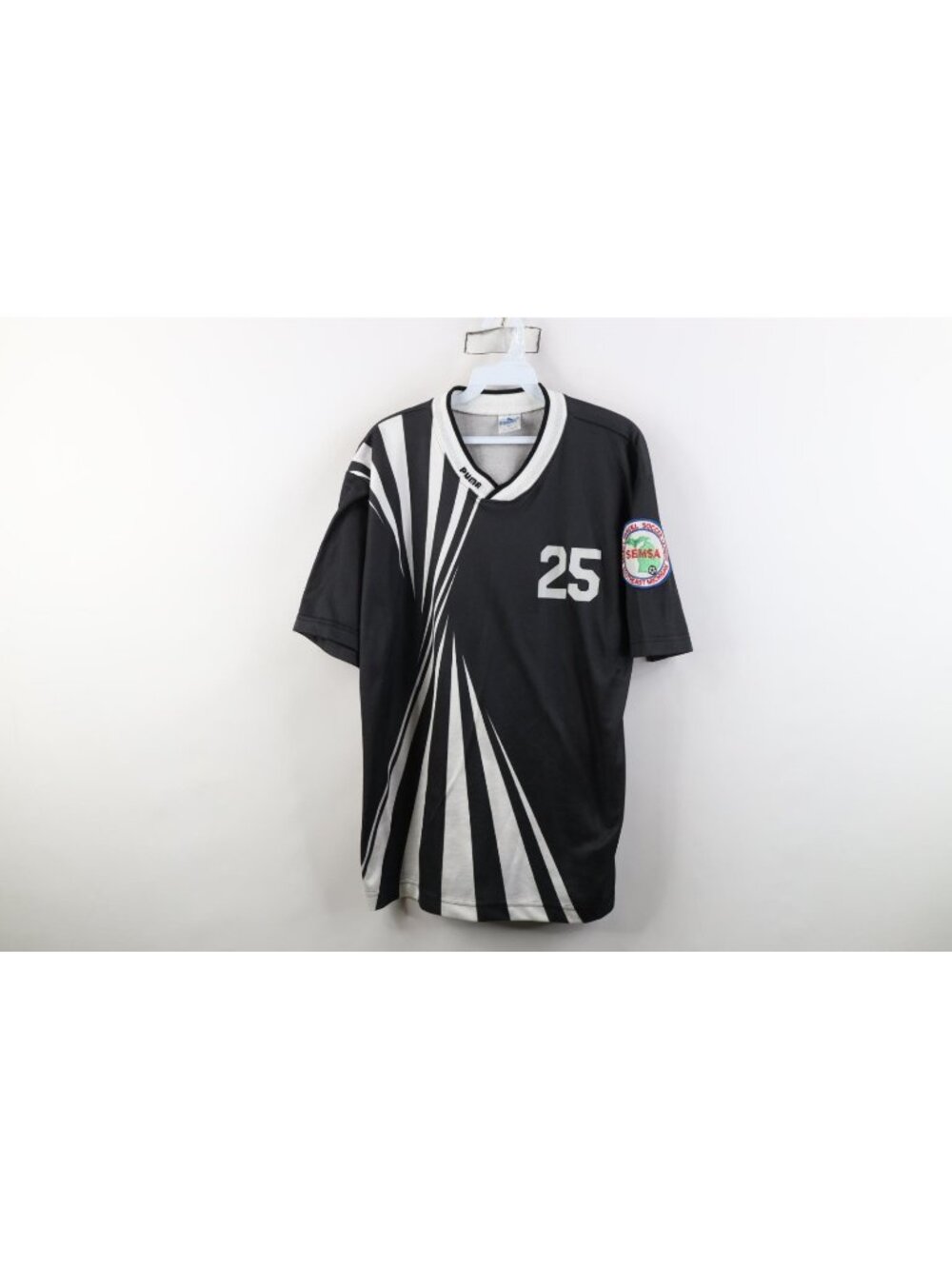 Vintage 90s Puma Mens XL Spell Out Sunburst Futbol Soccer Jersey Shirt Black USA